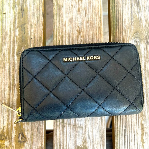 Michael Kors Handbags - MK-Michael Kors Black Quilted Zip Up Wallet